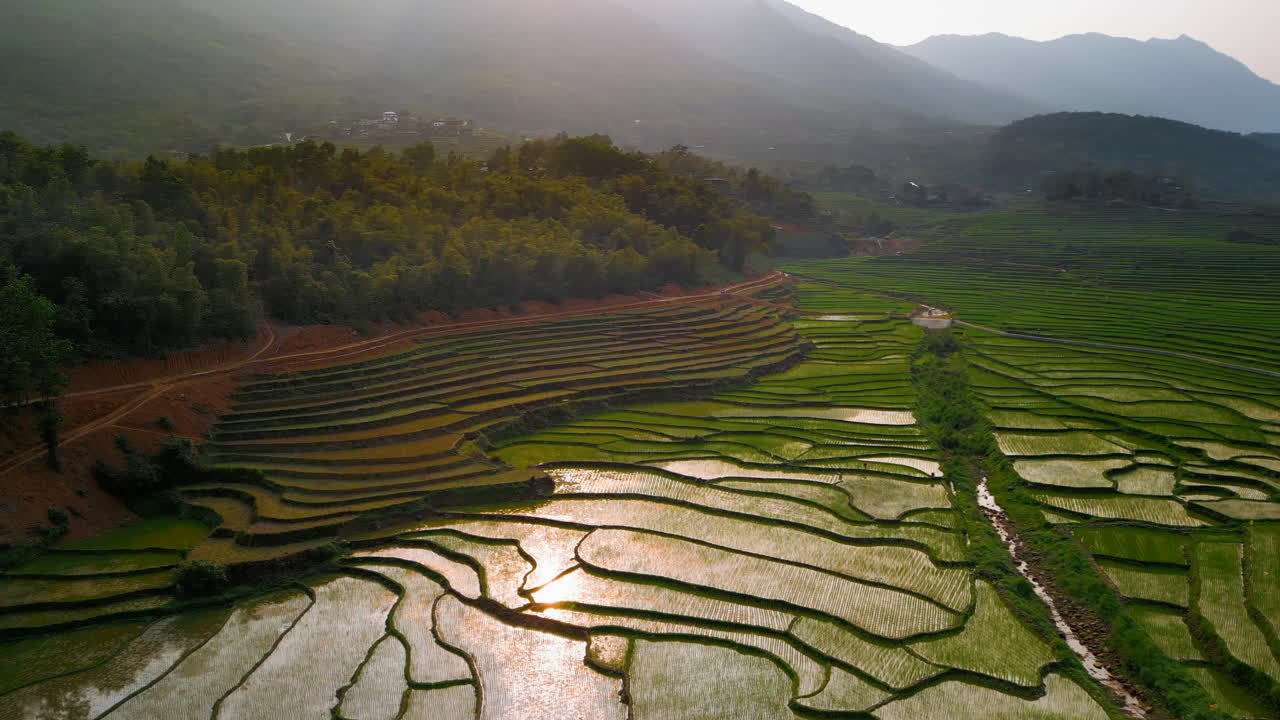 Stairway To Heaven, Famous Terraced Rice Fields Of Pu Luong In Northern Vietnam. Aerial Drone Shot