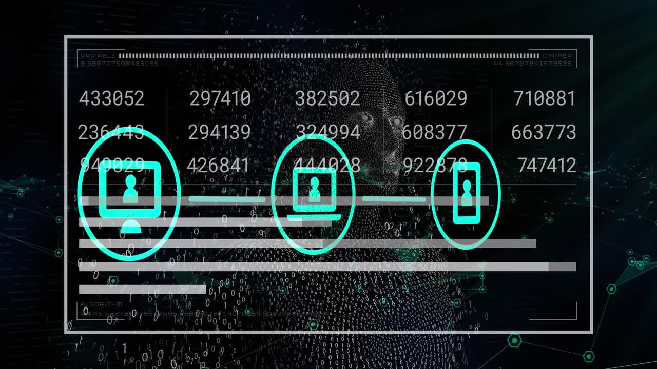 Animation of data processing with icons and digital human on black background