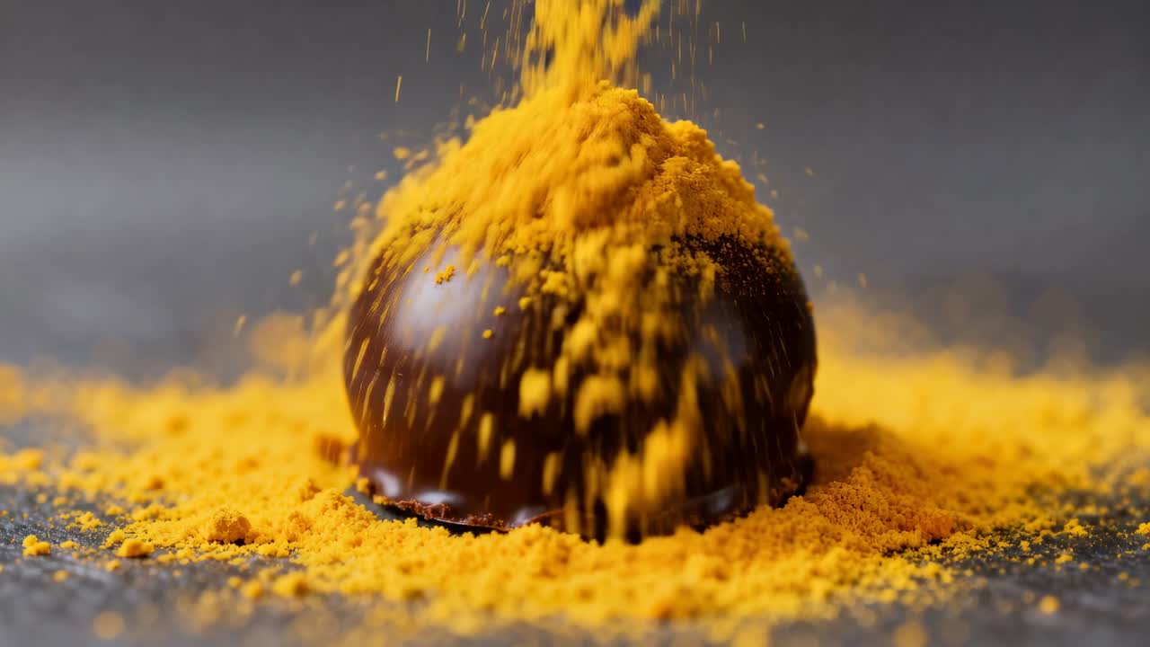 Pouring bright yellow powder striking glossy chocolate dome on dark counter, coating for garnish