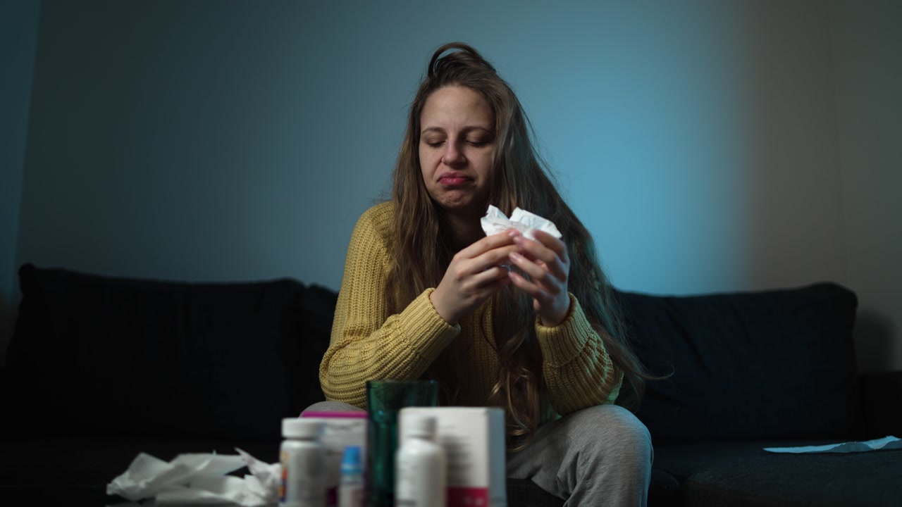 Female feeling sick and exhausted at home interior. Medical concept of influenza, respiratory infection, fever, and home treatment.