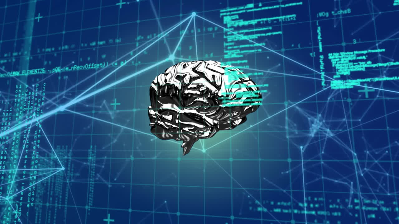 파란색 배경을 배경으로 디지털 뇌를 회전시키는 연결 네트워크의 디지털 애니메이션