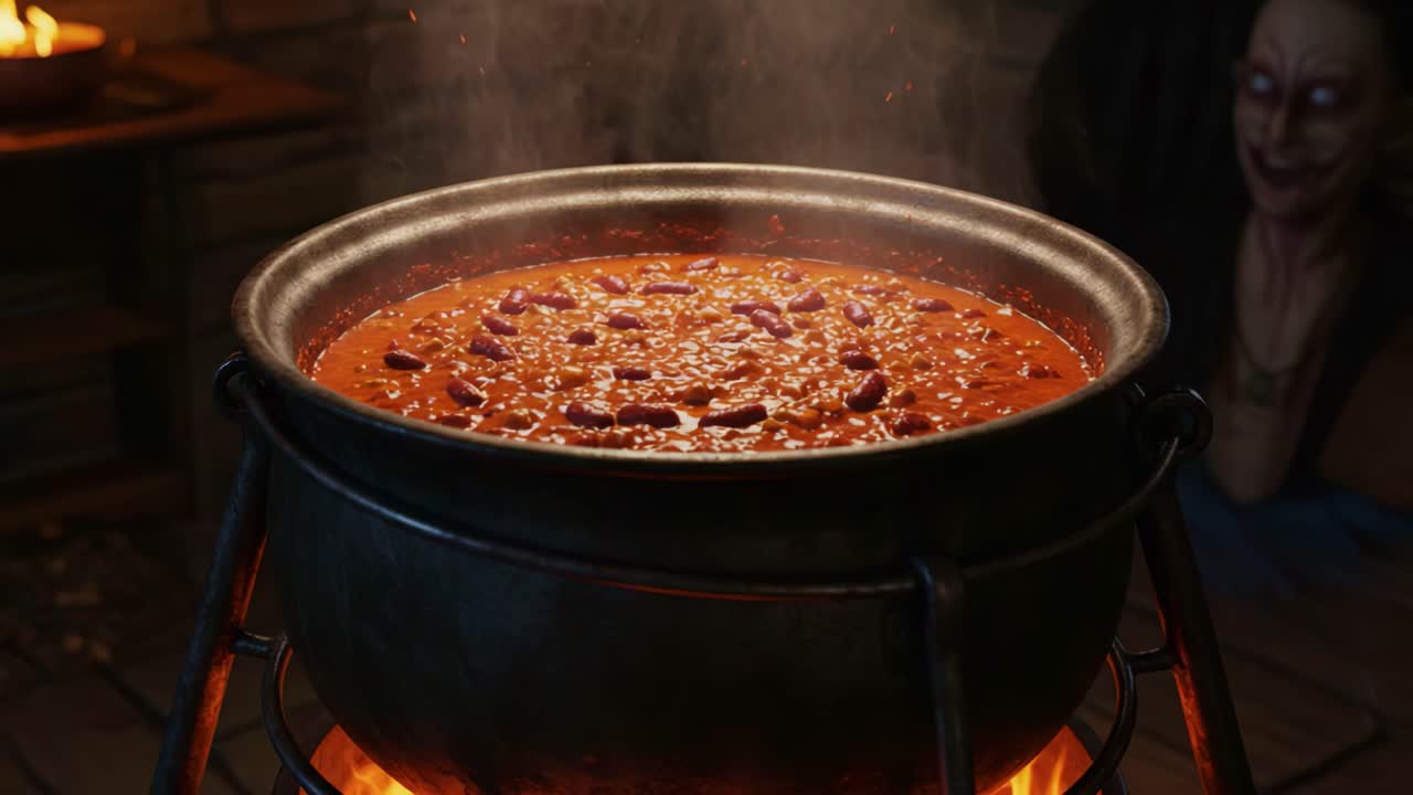 A bubbling pot of chili simmers over an open flame, releasing rich aromas into the air, while a mysterious figure lurks in the shadows, enhancing the eerie atmosphere