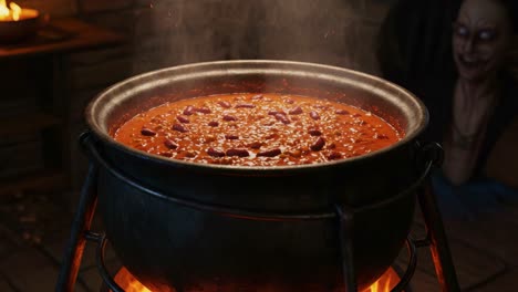 a bubbling pot of chili simmers over an open flame, releasing rich aromas into the air, while a mysterious figure lurks in the shadows, enhancing the eerie atmosphere