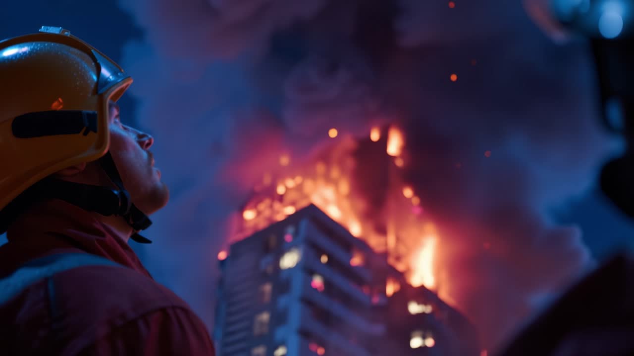 Brave firefighters observing the raging inferno engulfing a high-rise building at night, illuminated by the bright flames and thick smoke swirling in the air