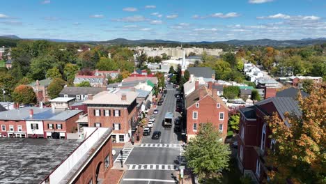 aerial slow push over lexington virginia skyline