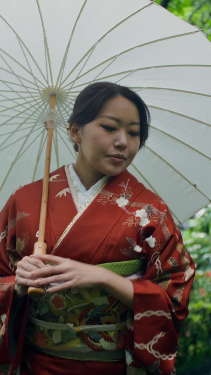 Woman in Traditional Japanese Kimono with Umbrella in a Garden
