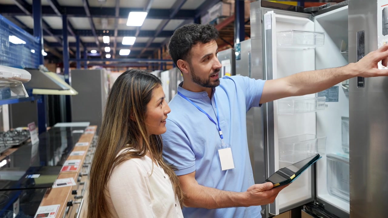 Vendedor Explicando Características de Refrigerador a Cliente em Loja de Eletrodomésticos