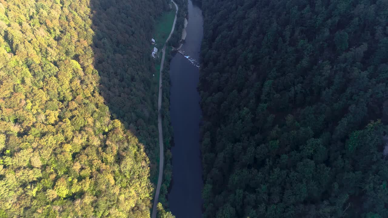 Lone car drives on winding road on the edge of a river between thick forests. Drone top view