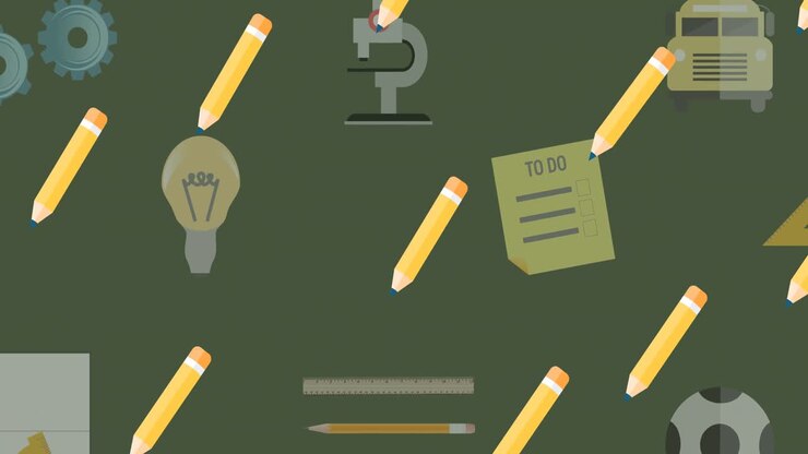 Animation of repeated yellow pencils moving over green with school equipment icons