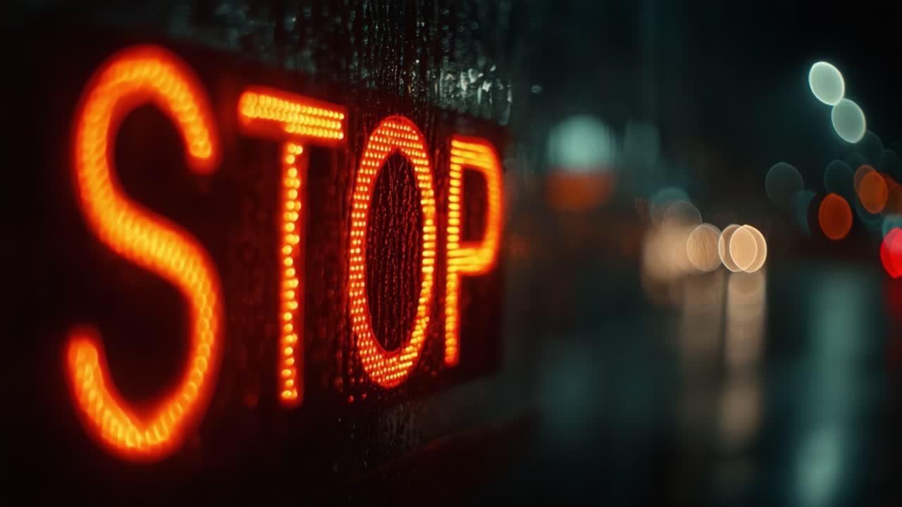 A Close-Up View of a Bright Red Stop Sign Illuminated in the Rainy Night, Capturing the Essence of Traffic Safety and Urban Atmosphere