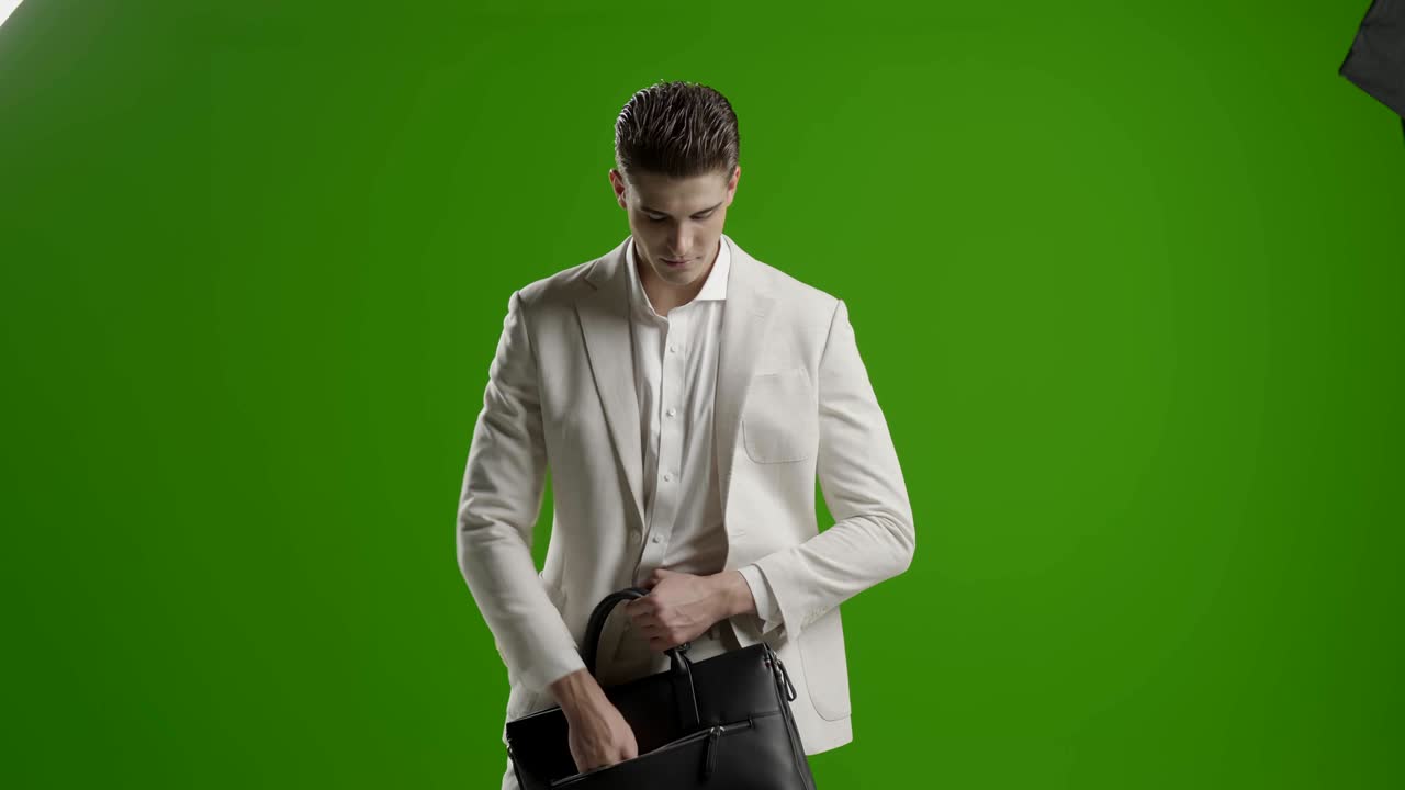 joven hombre de negocios guapo pantalla verde usando teléfono inteligente sonriendo tomando fotos selfie con el teléfono