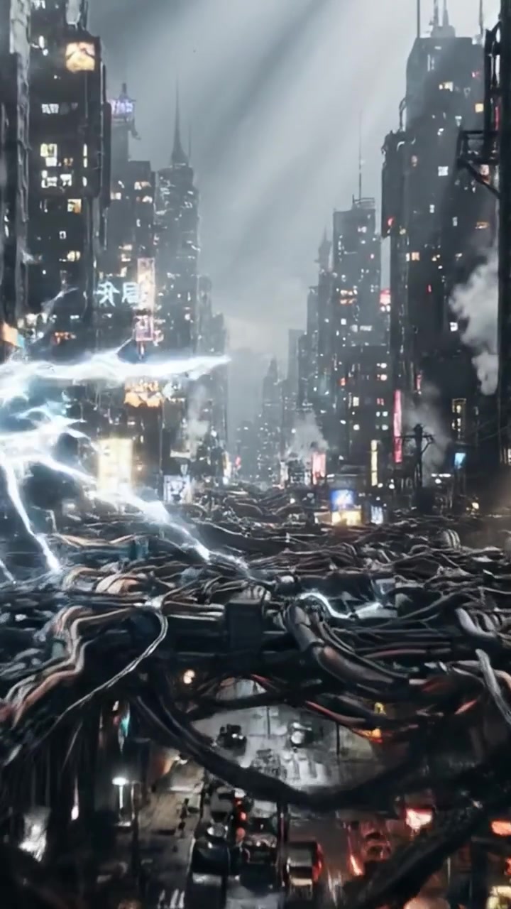 Uno scorcio affascinante di una città futuristica ricca di cavi intricati, grattacieli illuminati e strade animate, che mostra un ambiente urbano vibrante ma distopico.