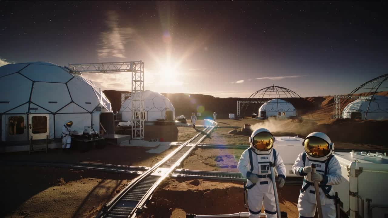 Equipaggio in tute bianche che controlla e usa strumenti presso le ringhiere della cupola, reagendo a una nuvola di polvere, spazio per il testo.