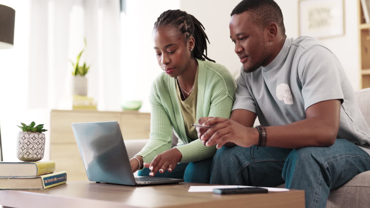Collaboration, laptop or talking couple in home