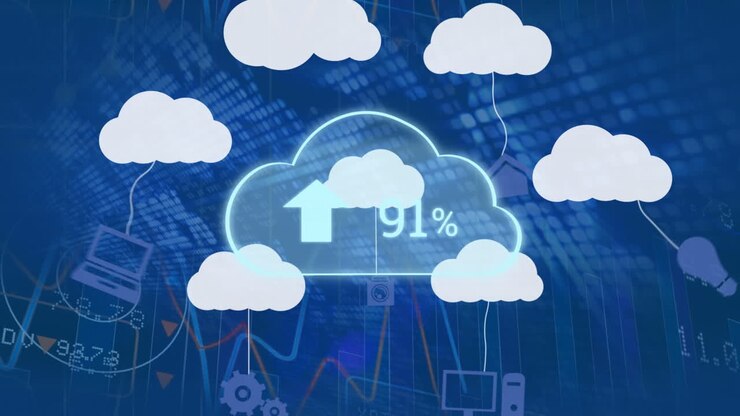Animation of clouds with numbers over graphs and data on blue background