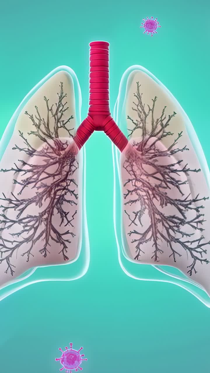 Vertikální video: Animace plic přecházejících z čiré do růžové barvy, zatímco se dýchací cesty zbarvují do červena v důsledku viru na teal pozadí