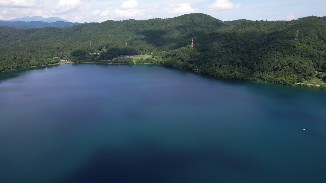 Aerial View Of Lake Aoki In The Mountainous City Of Omachi, Nagano Prefecture In Japan