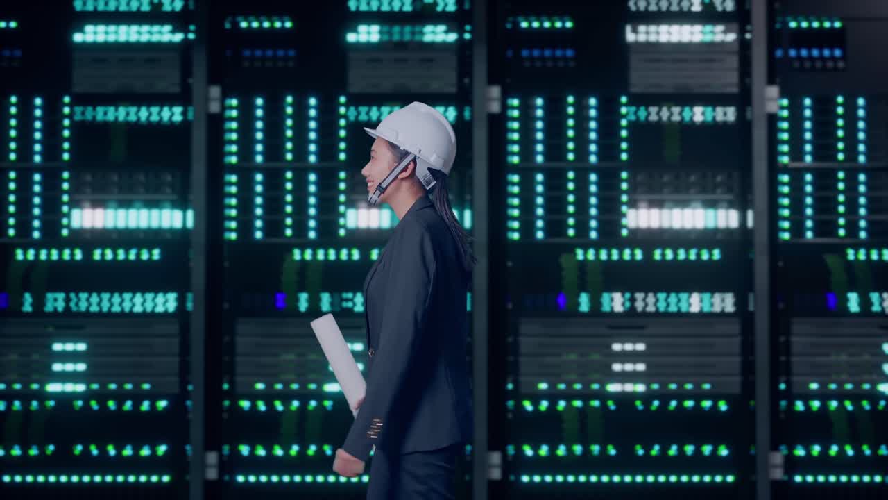 Side View of Asian Businesswoman Holding Blueprint While Walking and Looking Around in Server Room Data Center