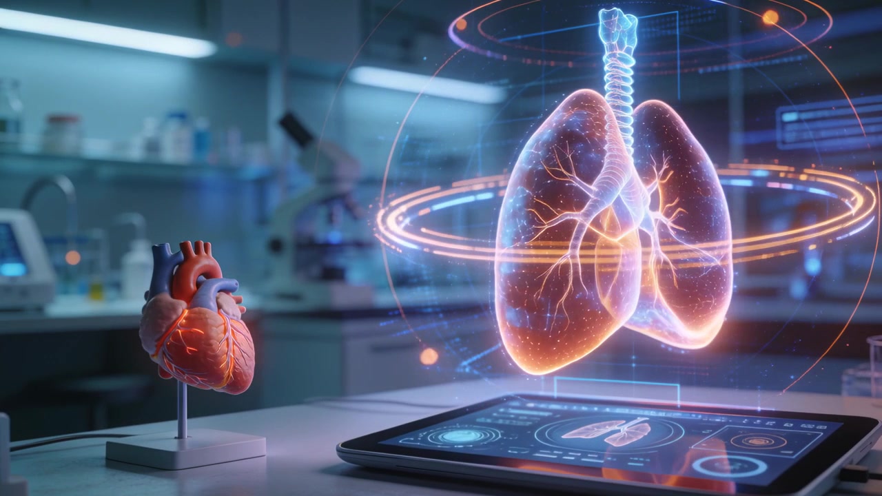 Input da tablet, ologramma di polmoni che ruota su un banco di laboratorio, bagliore sincronizzato di un modello cardiaco, microscopio.