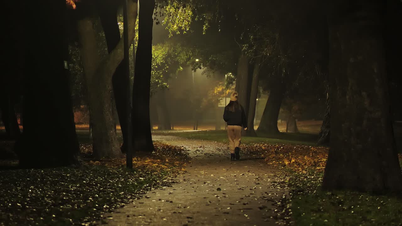 Solitary woman walks beneath amber trees through a quiet Latvian park at night