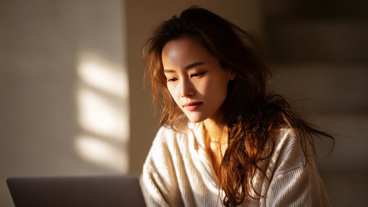 A Contemplative Woman Engaged in Thoughtful Activity While Sitting by the Light and Using a Laptop, Highlighting Moments of Reflection and Introspection in a Warm, Natural Environment