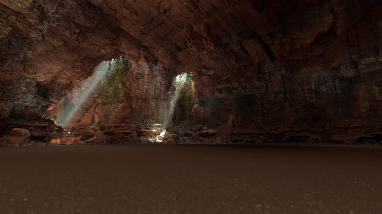 Grotta maestosa con cascate a più livelli e raggi di sole che illuminano l'interno