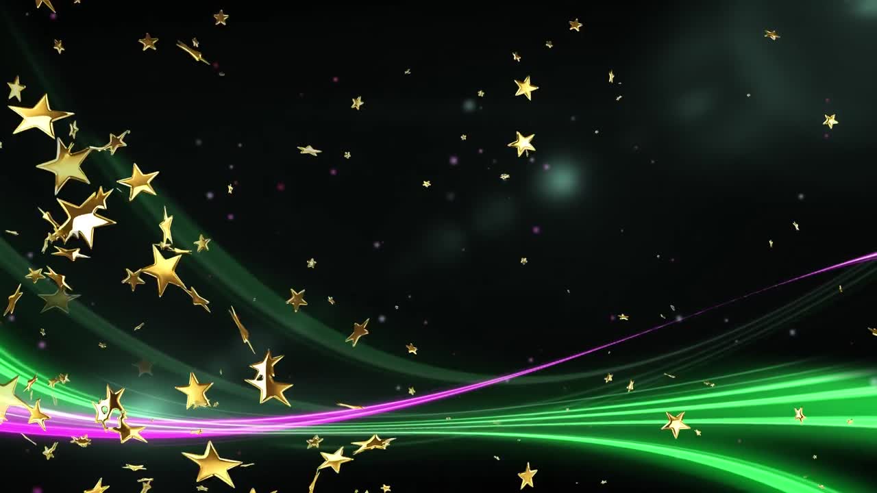 검은 바탕에 네온 빛의 흔적과 함께 떨어지는 크리스마스 별의 애니메이션