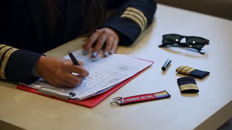 Unrecognizable-female-pilot-preparing-flight-documentation-on-a-tablet