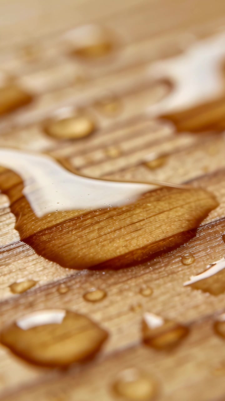 Video verticale: Mostra goccioline trasparenti che riflettono la luce mutevole su legno sigillato, in primo piano