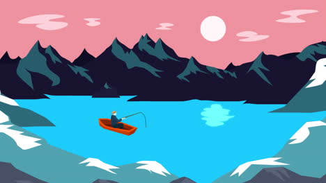 vintage holiday summer scenery with sun mountains and fisherman in a boat on a lake