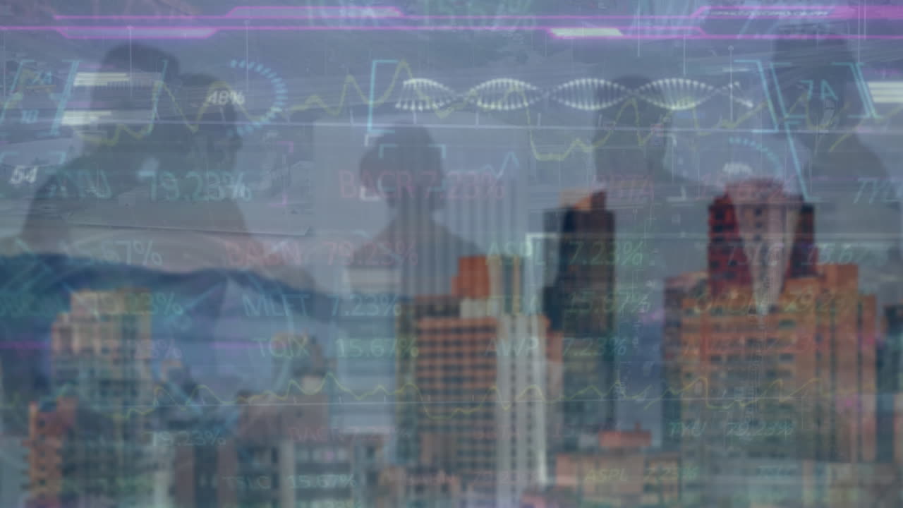 animación del procesamiento de datos financieros sobre el paisaje urbano
