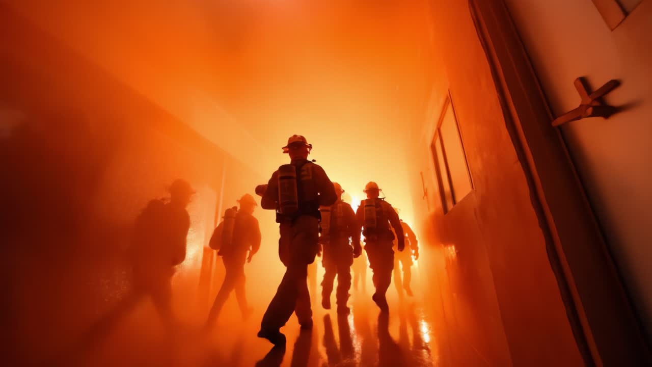 Silhouetted Heroes: A Team of Firefighters Navigate Through Intense Smoke and Fire in a Dimly Lit Hallway, Demonstrating Bravery and Determination in the Face of Danger and Adversity