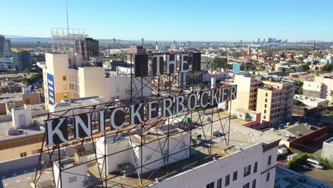 aerial of the knickerbocker hotel rooftop sign in downtown hollywood california 2