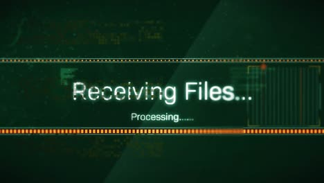 animation of receiving files and processing files text, loading bars, computer language on squares