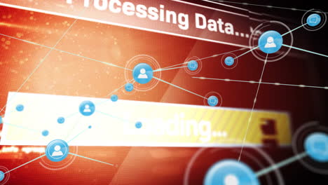 animation of blue user icons and network of connections over data processing on red background