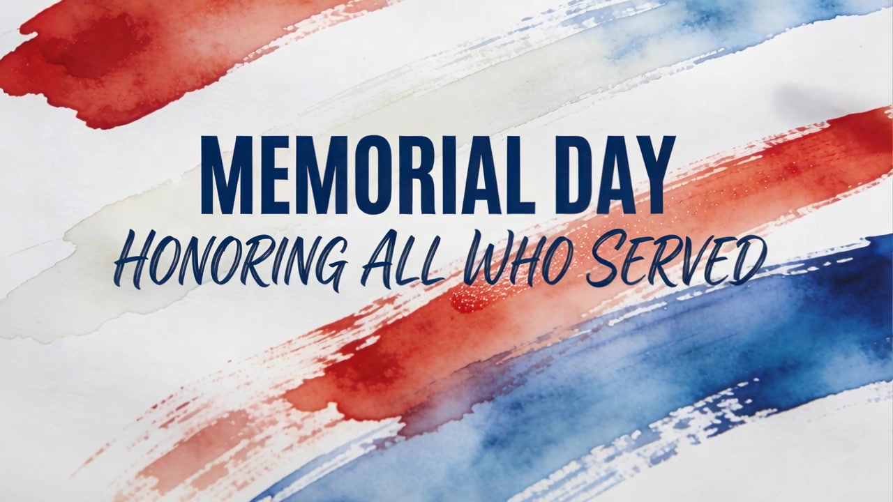 Entering right red-handled brush applying red pigment, blending with blue behind Memorial Day title