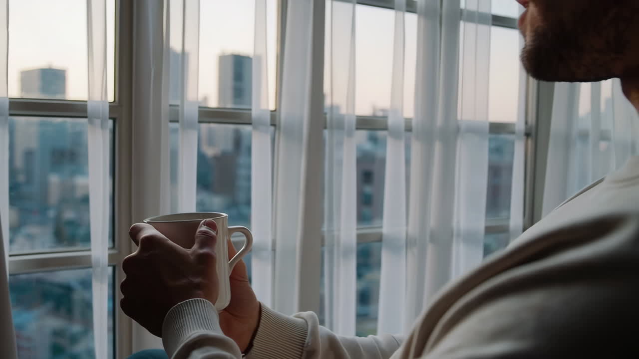 Man holding a mug and looking out a window at a city view