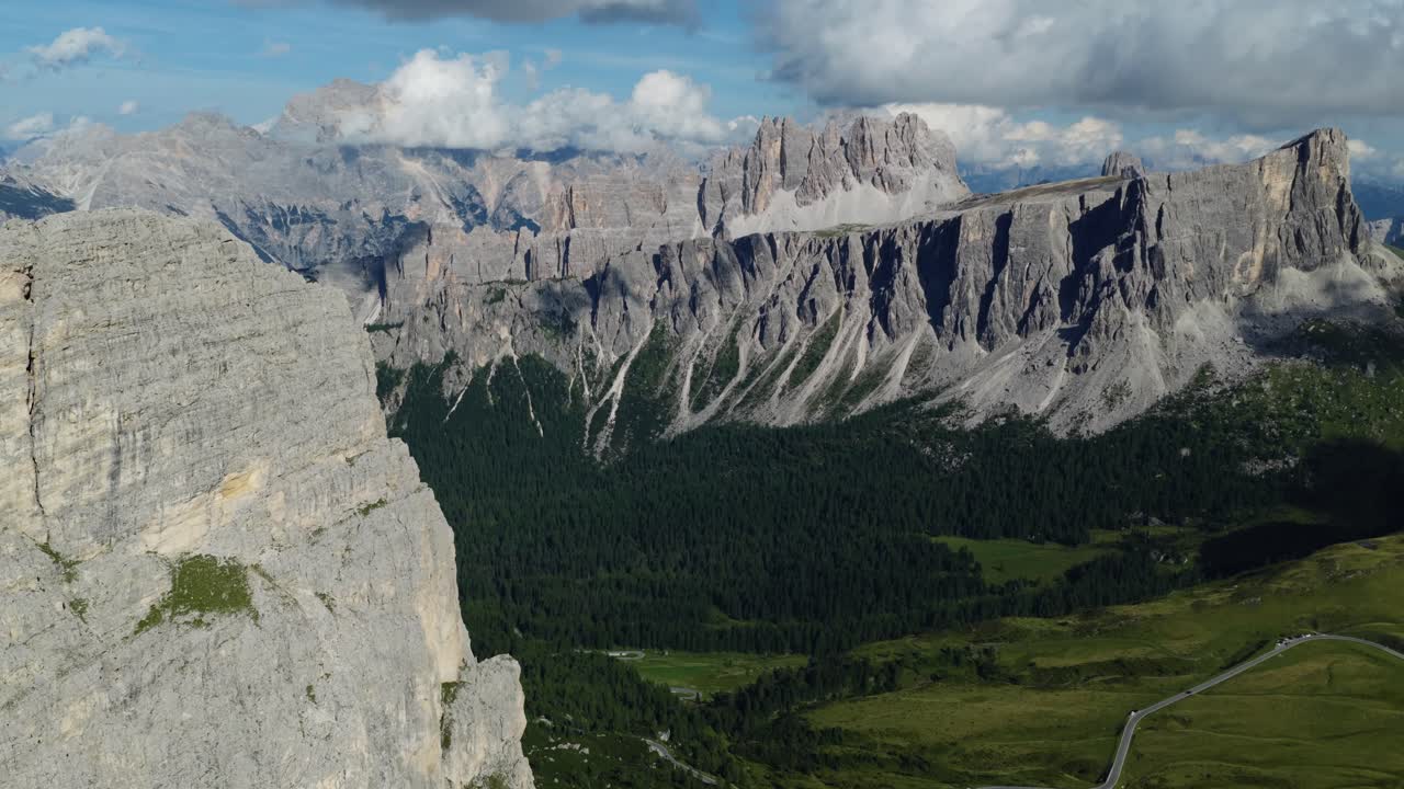 Distinctive Alpenstock Italian Alps. Sella Group Mountain Range In The Dolomites, Italy. Aerial Drone Shot