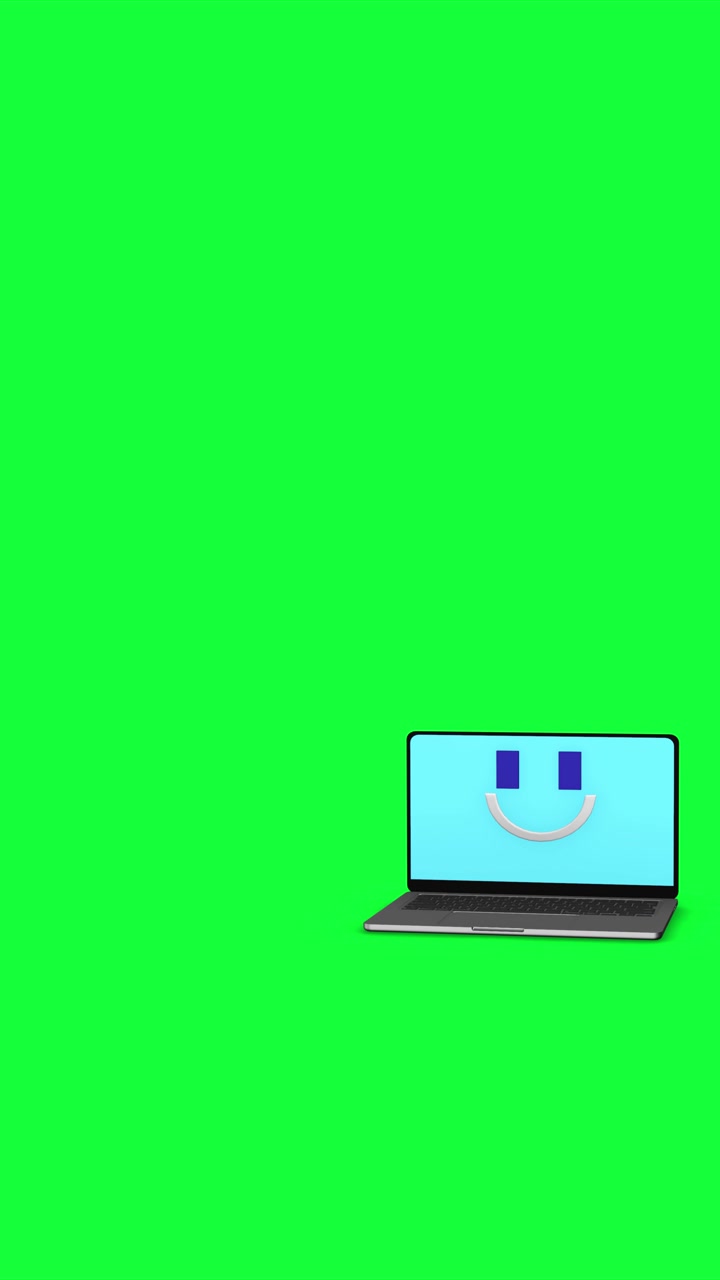 Greenscreen-Laptop-Hintergrund mit offenem Computer, lächelndem Display und großer Chroma-Key-Fläche.