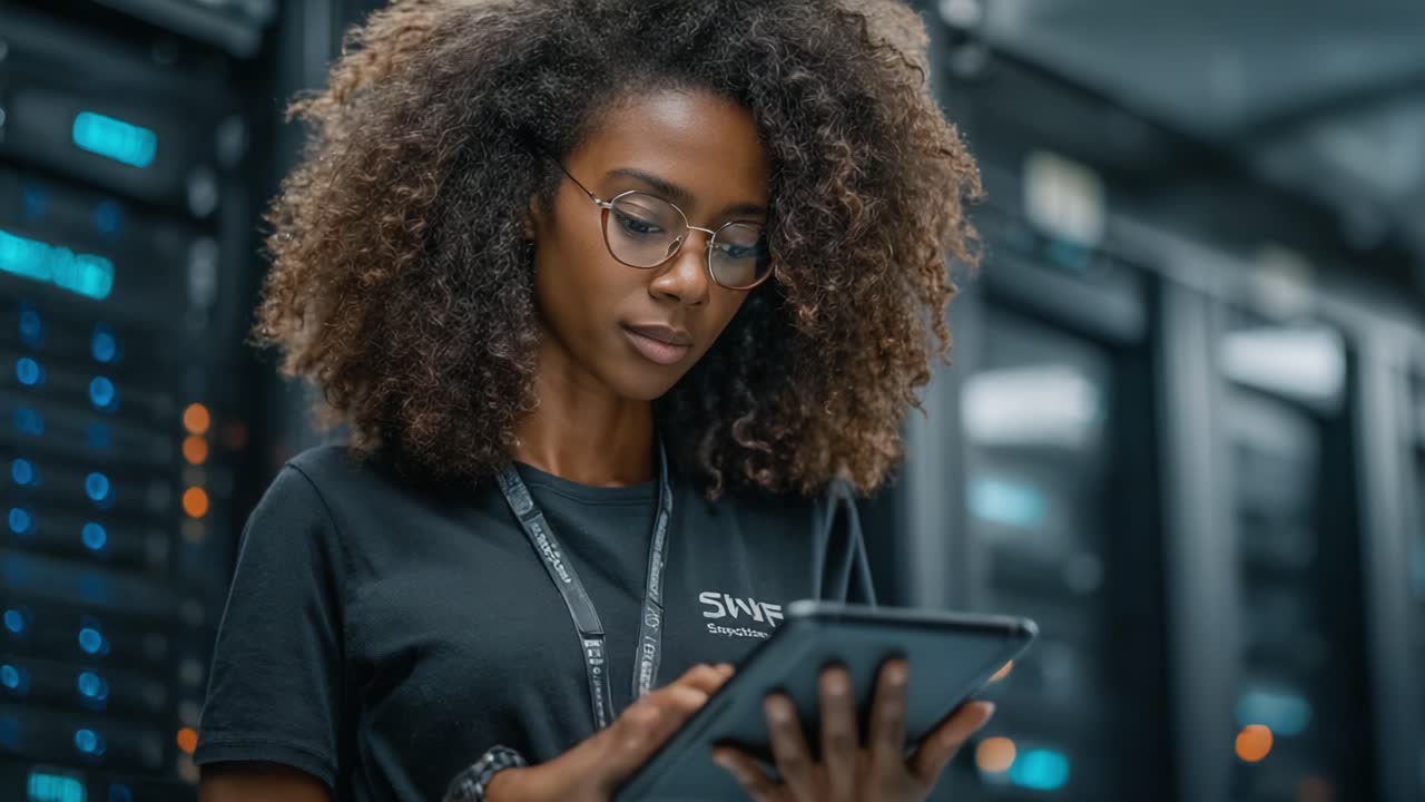 A focused professional engaging with technology in a modern server room, showcasing expertise in data management and digital solutions with a tablet in hand
