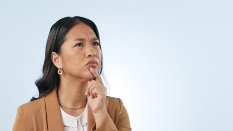 thinking, ideas and young woman in studio