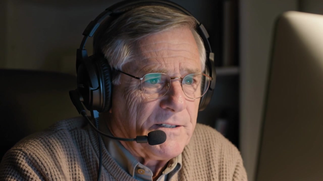 Reacting to call, senior wearing knit sweater speaking into headset at home office with monitor