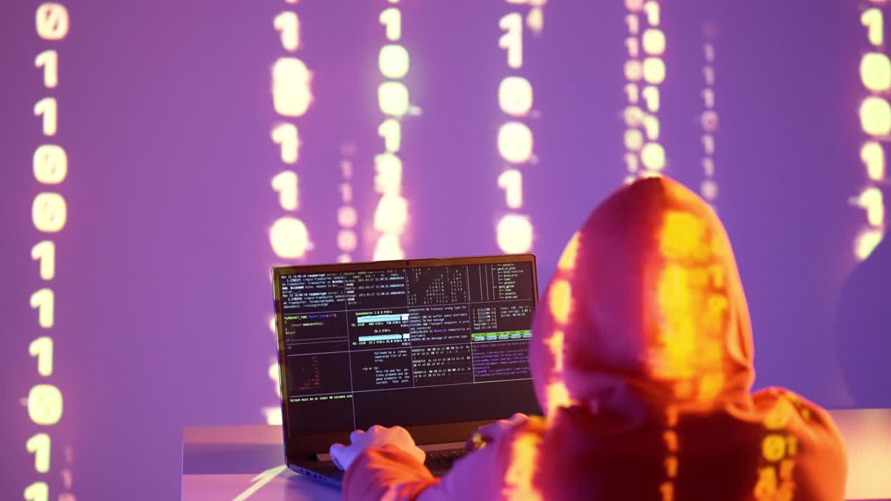 A cyber intruder in a hooded sweatshirt manipulates complex code on a laptop as vibrant binary numbers cascade around, creating a vivid digital warfare scene in intense neon hues