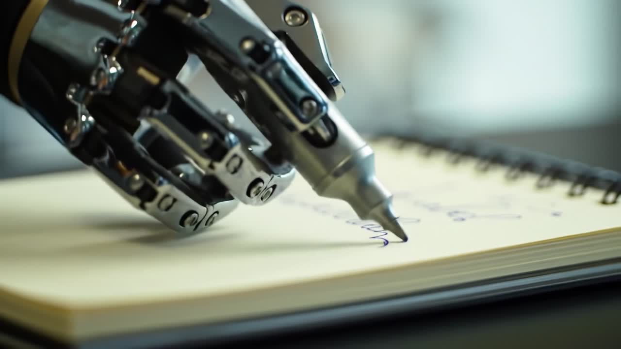 An Advanced Robotic Hand Skillfully Writes on a Notepad, Showcasing the Future of Automation and Technology in Creative Expression