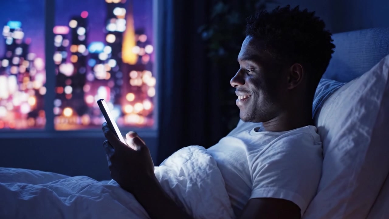 A Relaxing Night In: A Young Man Enjoys His Evening in Bed While Using a Mobile Phone to Connect with Friends Amidst a Beautiful Cityscape at Night