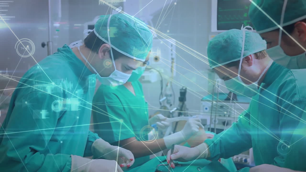 Surgeons performing operation with medical data processing animation over them