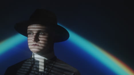 priest with blinds shadow on face in dark studio