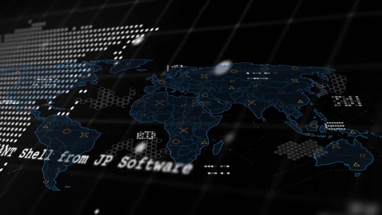 Animation of financial data processing over world map on black background