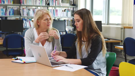 teacher and female student work on computer in college library