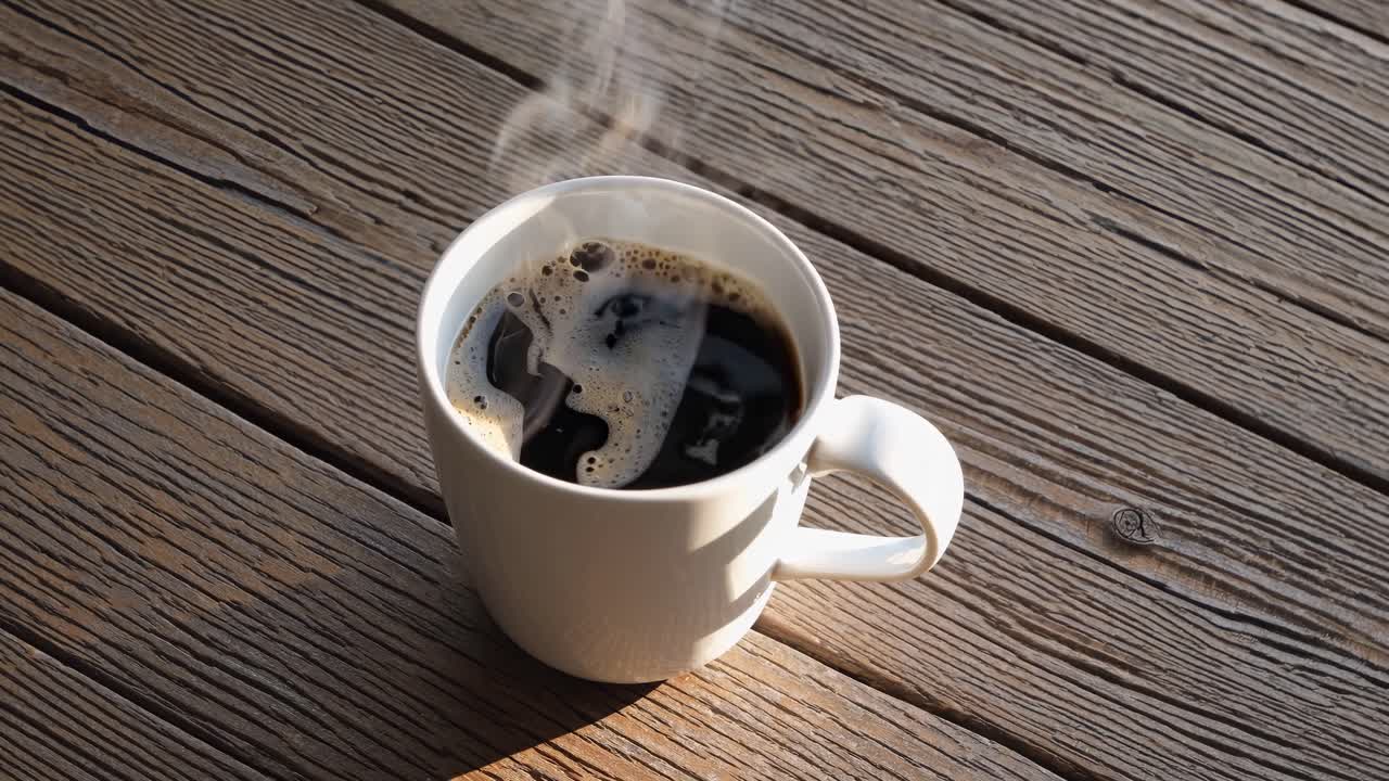 Top-down view of a steaming coffee cup on rustic wooden planks. The video captures a cozy, warm
